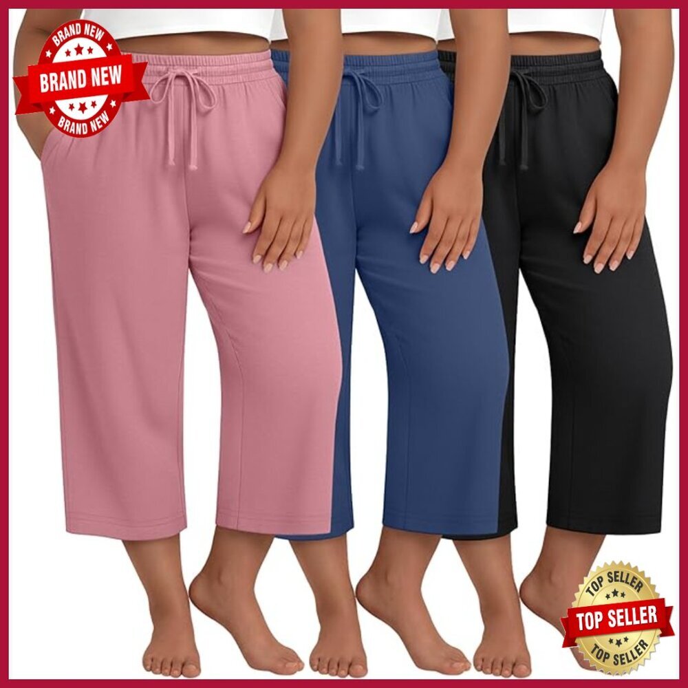 Plus Size Wide Leg Yoga Capri Sweatpants 3 Pack Drawstring Pockets